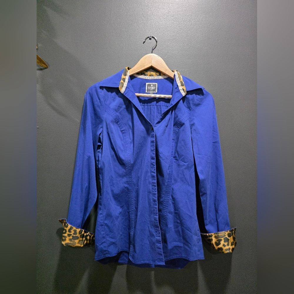 Express Design Studio Blue Button Down long sleeve shirt leopard print cuff M